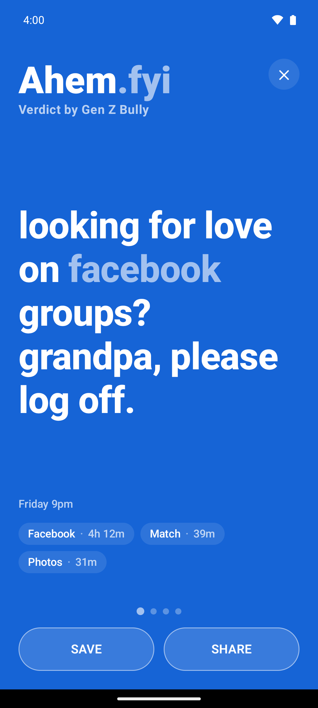 Ahem Android app screenshot showing a roast about looking for love in Facebook groups.