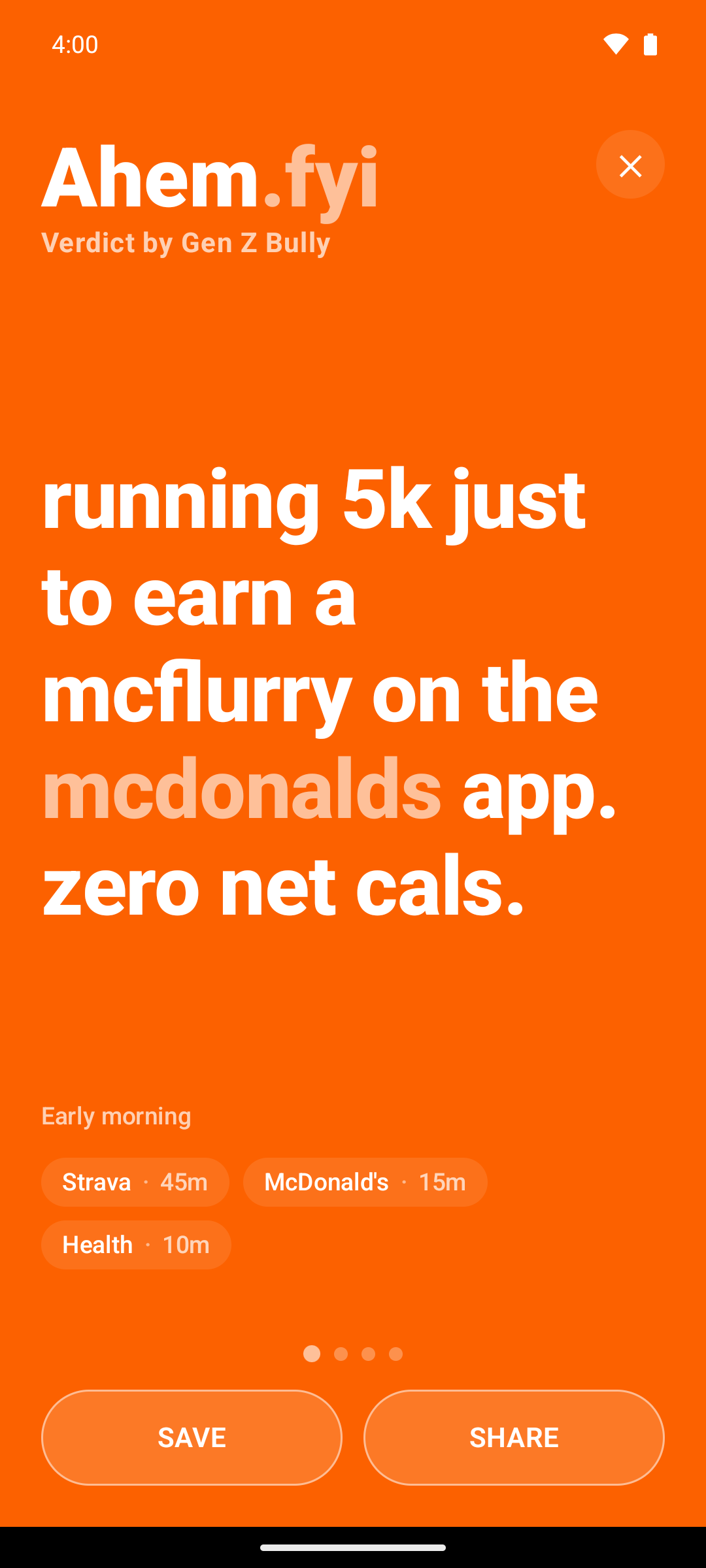 Ahem Android app screenshot showing a roast about running 5K for a McMuffin reward.