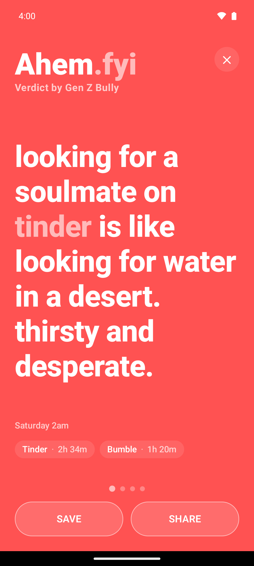 Ahem Android app screenshot showing a roast about looking for a soulmate on Tinder.