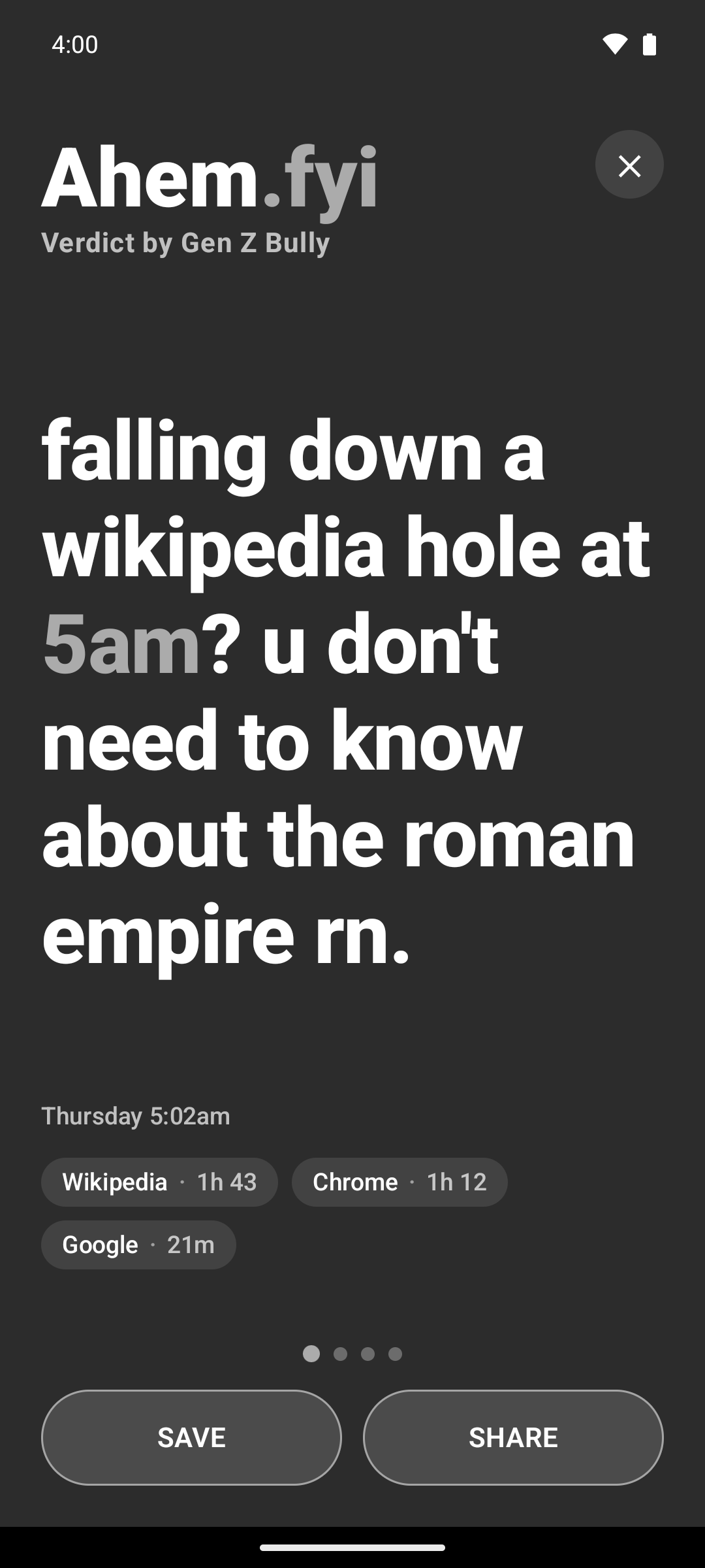 Ahem Android app screenshot showing a roast about a 5 a.m. Wikipedia rabbit hole on the Roman Empire.